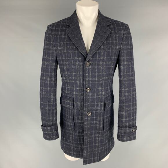 SAKS FIFTH AVENUE Size 40 Navy Grey Plaid Wool Blend Coat